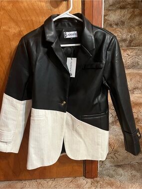 Black and White Two-Tone Faux Leather Blazer